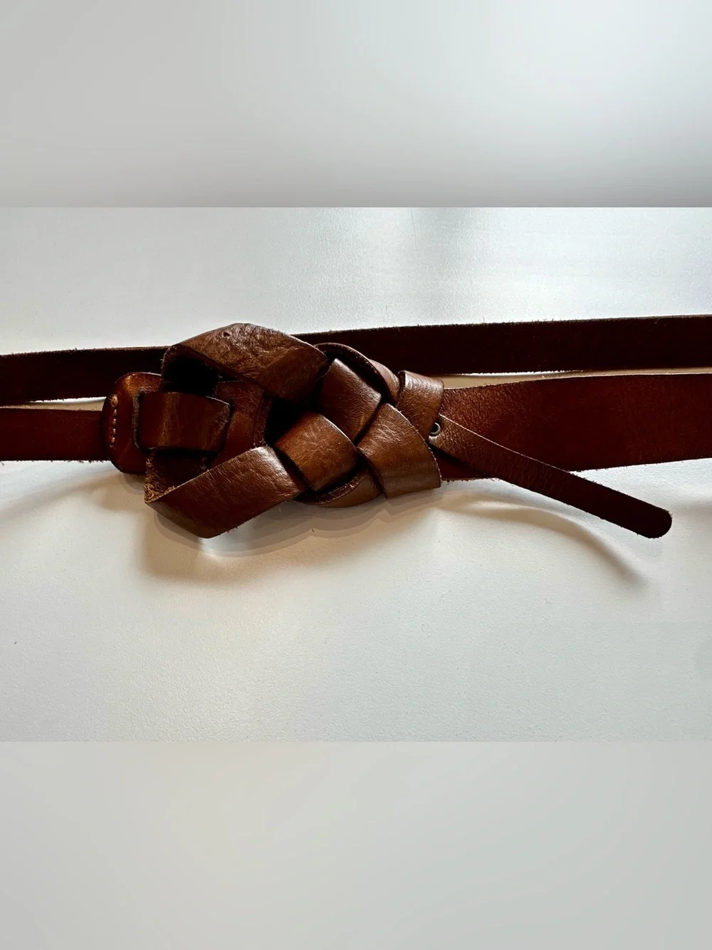 Vintage Brown Genuine Leather Knotted Skinny Belt Boho Western 36”